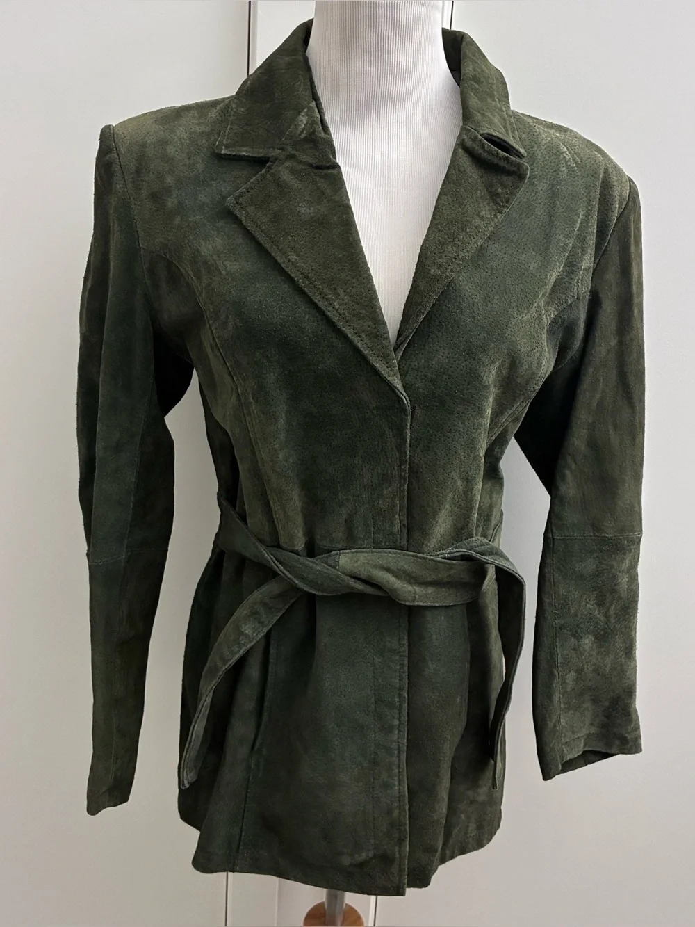 Vtg Charlotte Russe Large Jacket Olive Green Suede Genuine Leather Tie Waist